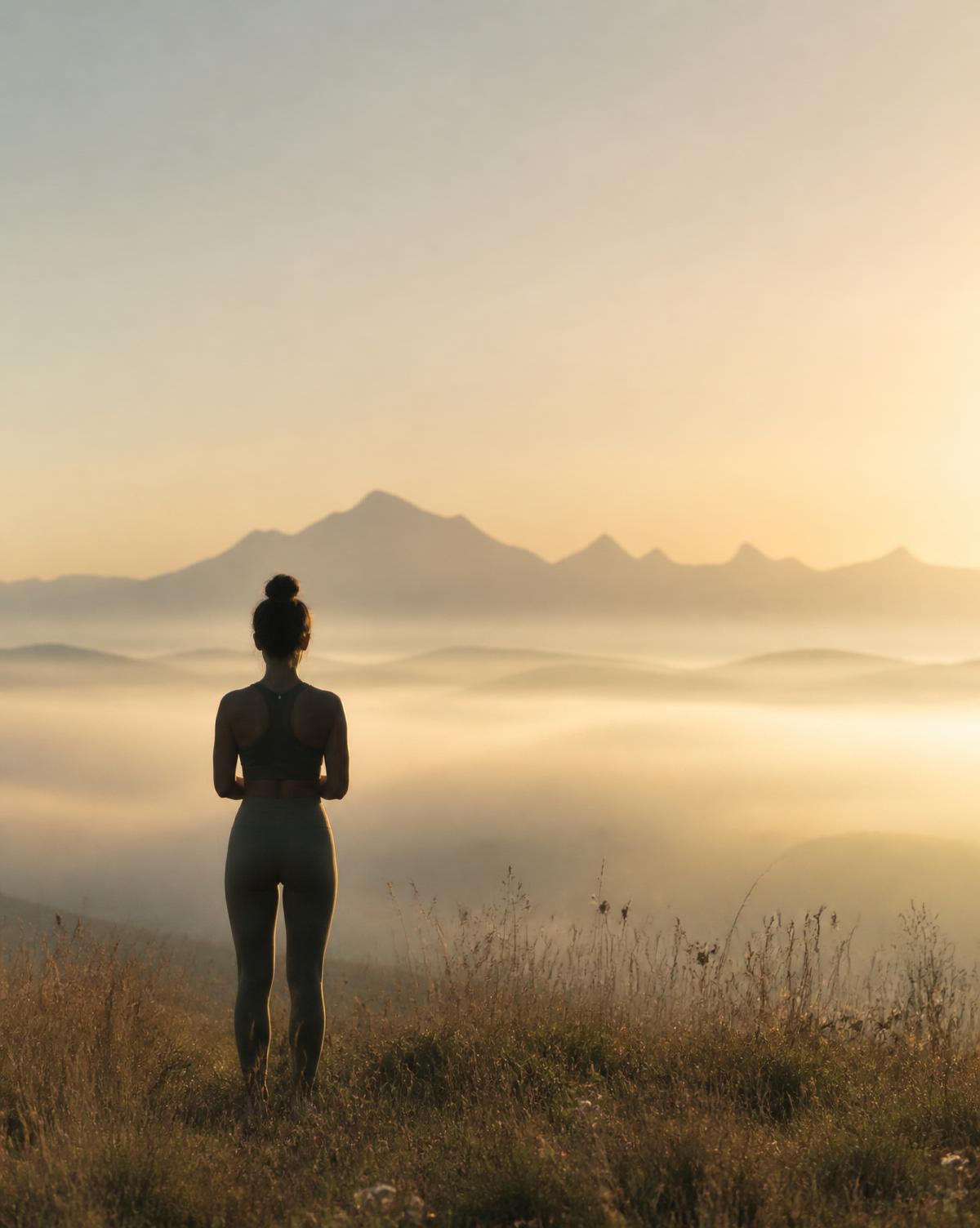 A silhouette in golden mist facing distant mountains