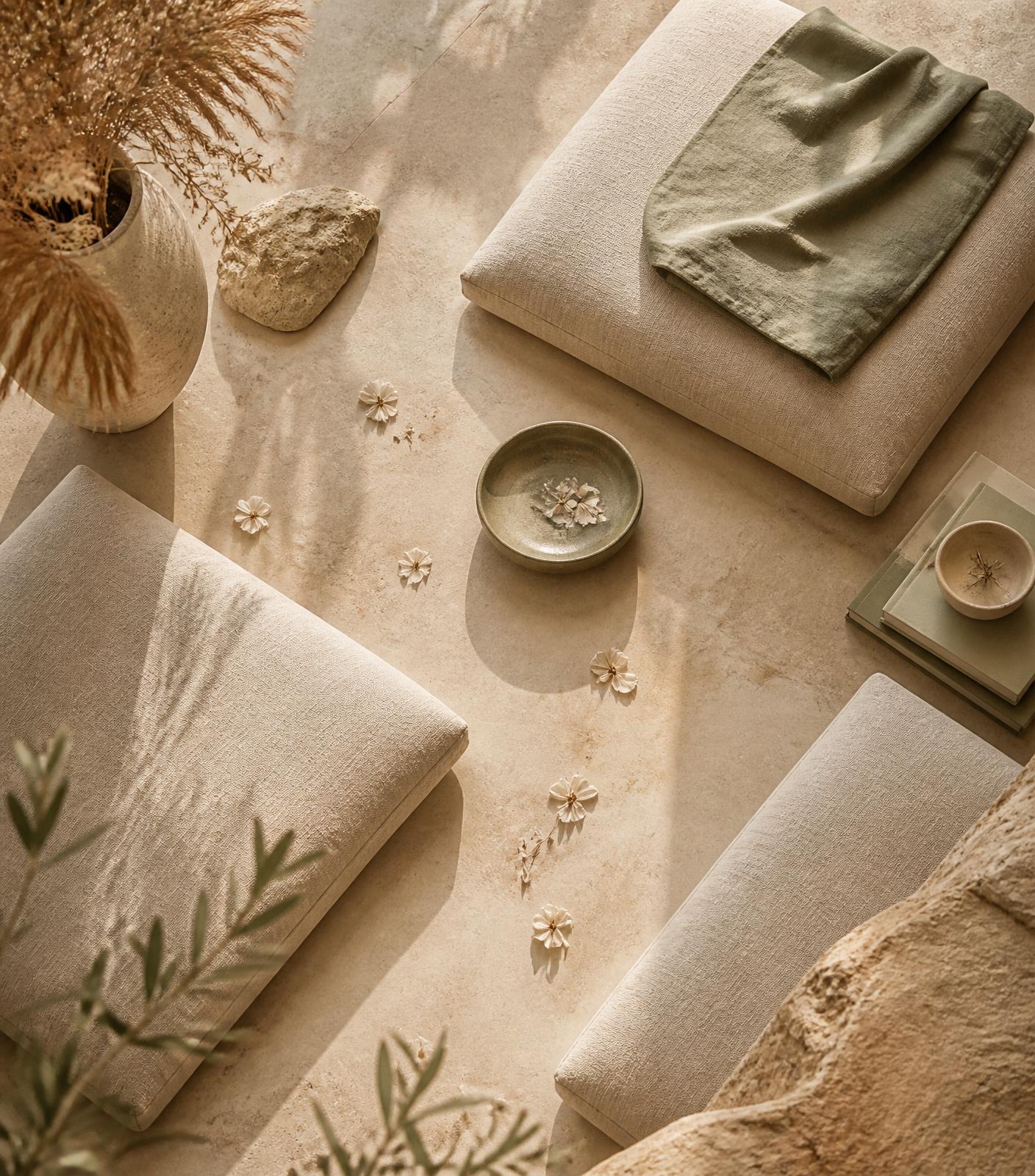 Linen meditation cushions and ceramics arranged on warm sand