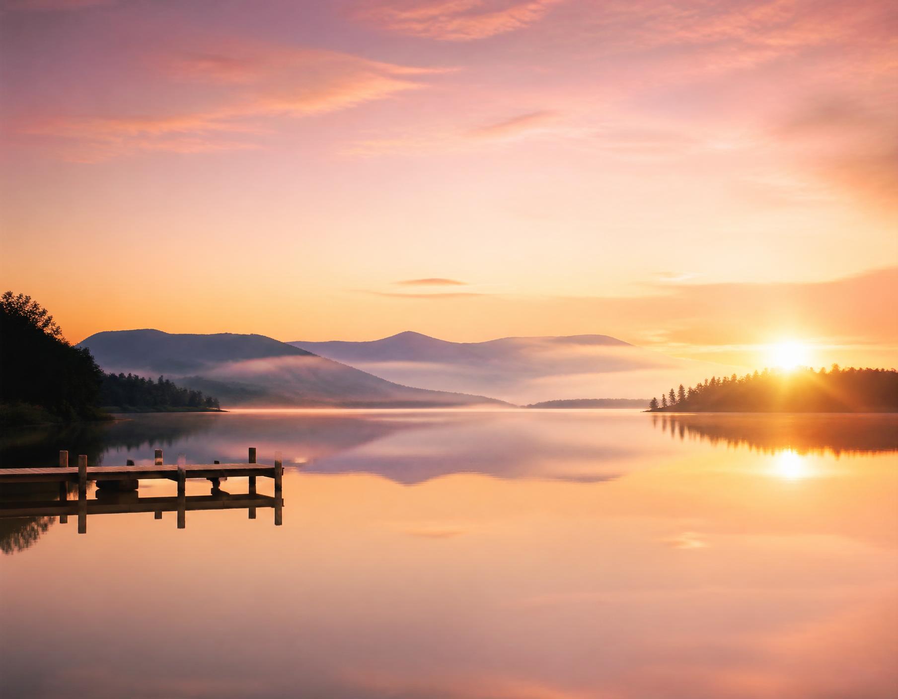 A quiet lake at sunrise with soft pink and gold sky reflected in still water