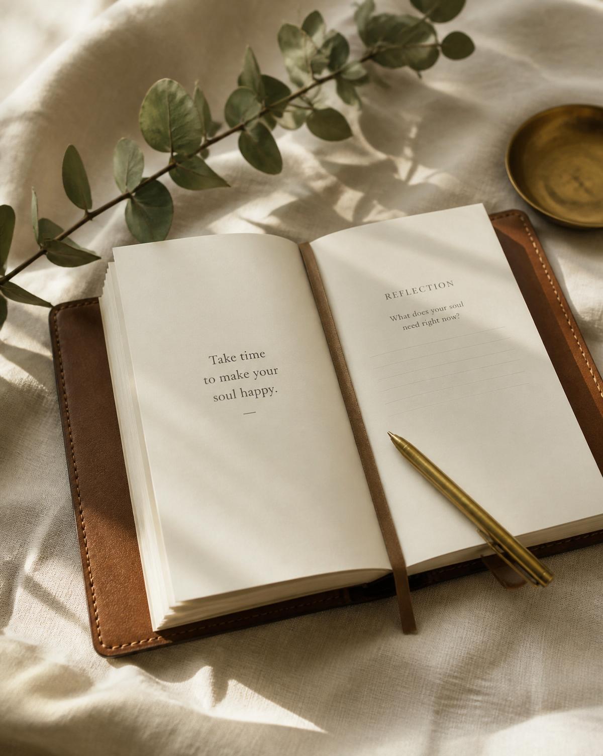 An open journal with eucalyptus and a brass pen